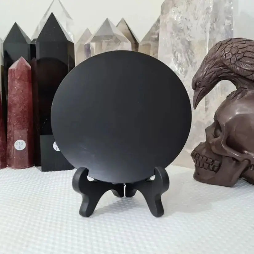 High Quality Natural Black Obsidian Scrying Mirror Healing Crystals Stone Round Plate Witchcraft Mirror Home Decor With Shelf
