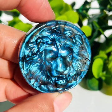 1pc Handmade Labradorite Round Plaque Lion Statue - Iridescent Play-of-Color Circular Stone for DIY Crafts - Unique Gift for Chr