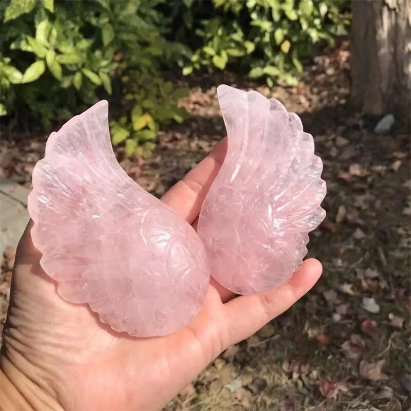 Natural Rose Quarz Angel Wing Carving Polished Quartz Healing Stones Gemstones For Home DIY Decoration A SET