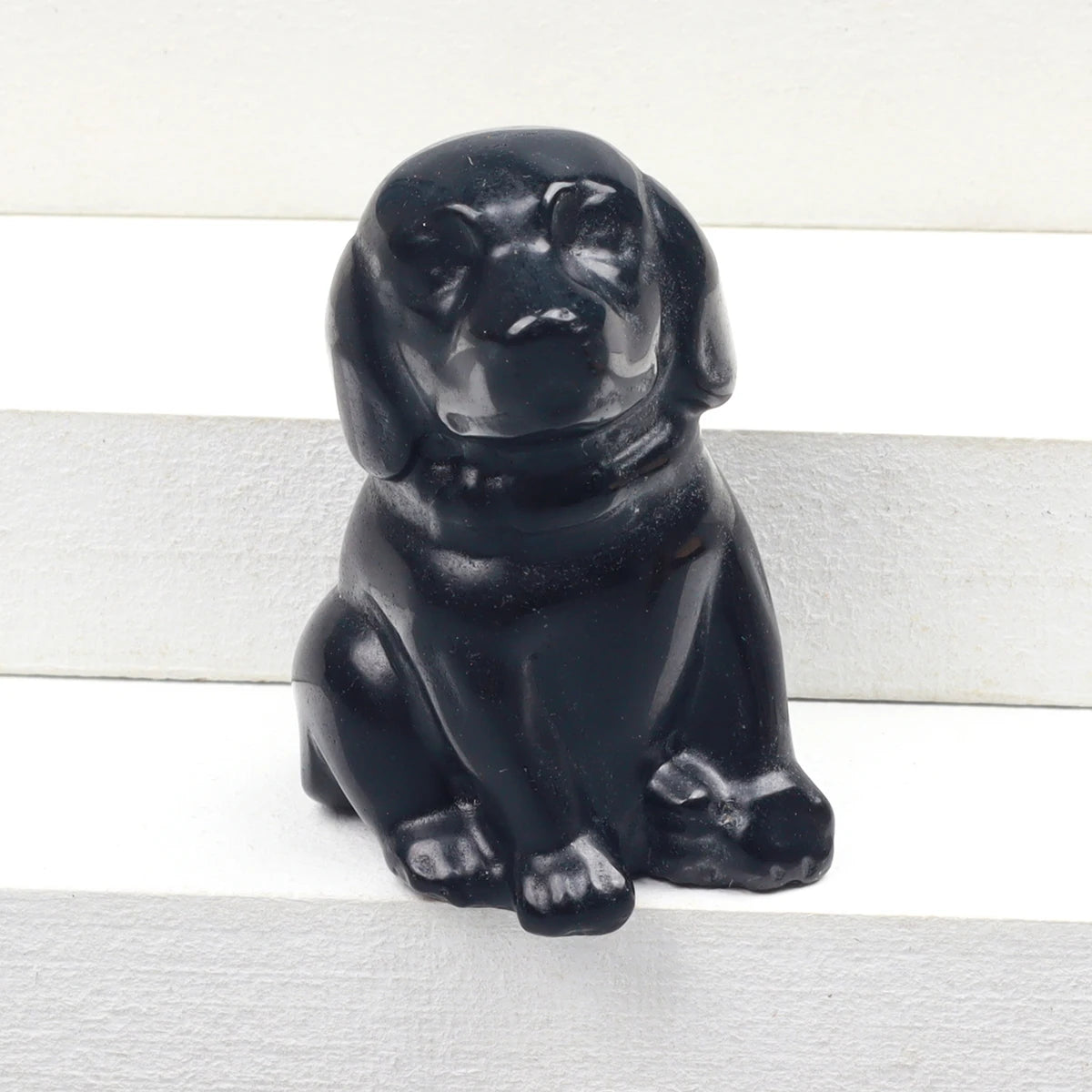 Black Obsidian Dog Figurine, Natural Stone, Hand Carved Jade Mini Puppy, Crystal Craft, Chakra, Home Decor, 1.5"