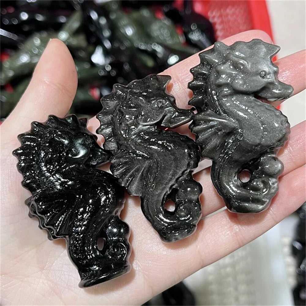 1PCS Natural Silver Obsidian Seahorse Carving Statue Healing Fengshui Sculpture for Home Decoration Unique Holiday Gift