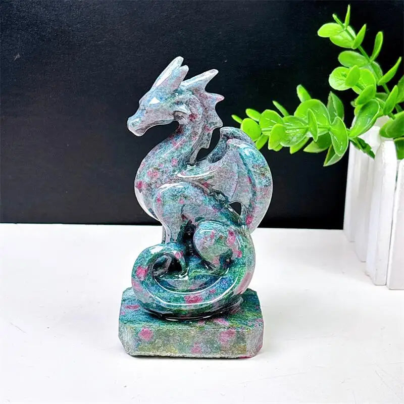 12CM Natural Sapphire And Pink Opal Dragon Carving Crystal Love Healing Fengshui Gemstones HomeDecoration Holiday Gift 1PCS