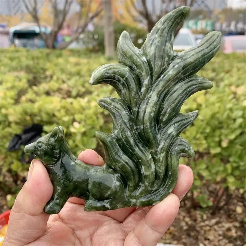Natural Green Jade Nine-tailed Fox Carving Polished Powerful Animal Statue For Home Decoration Gift 1pcs