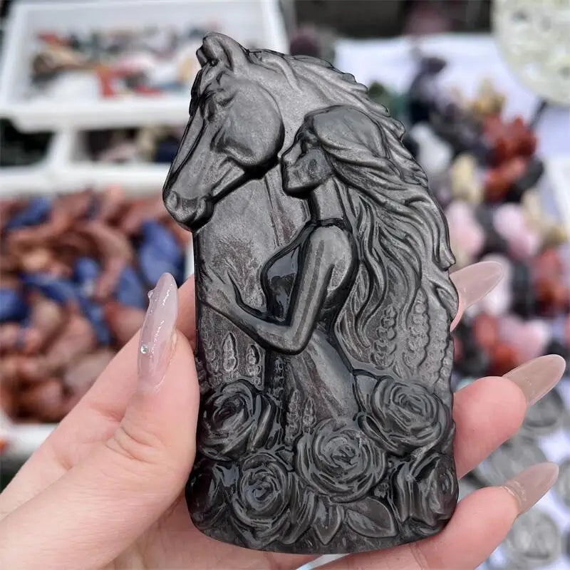 Natural Silver Obsidian Horse And Beautiful Woman Statue Carving Healing Fengshui Stone Reiki Home Decoration Holiday Gift 1PCS