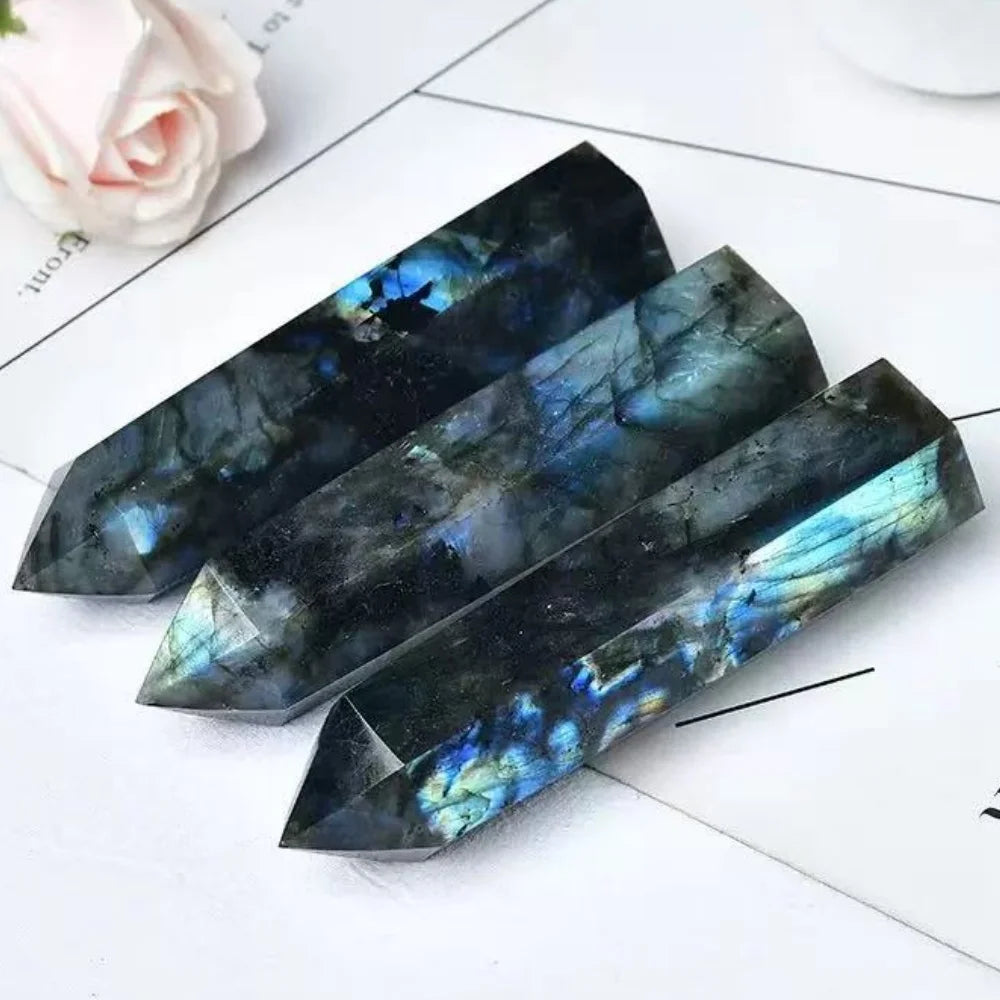 Natural Labradorite Tower Point Obelisk Polished Healing Crystal Magic Wand Ornament Room Living Room Office Decor Festival Gift