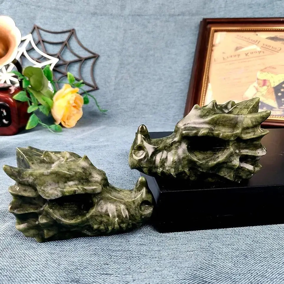 Natural Green Jade Skulls Crystal Dragon Skull Head Sculpture Reiki Stone Ornament For Collection Home Decor Gifts 1pc