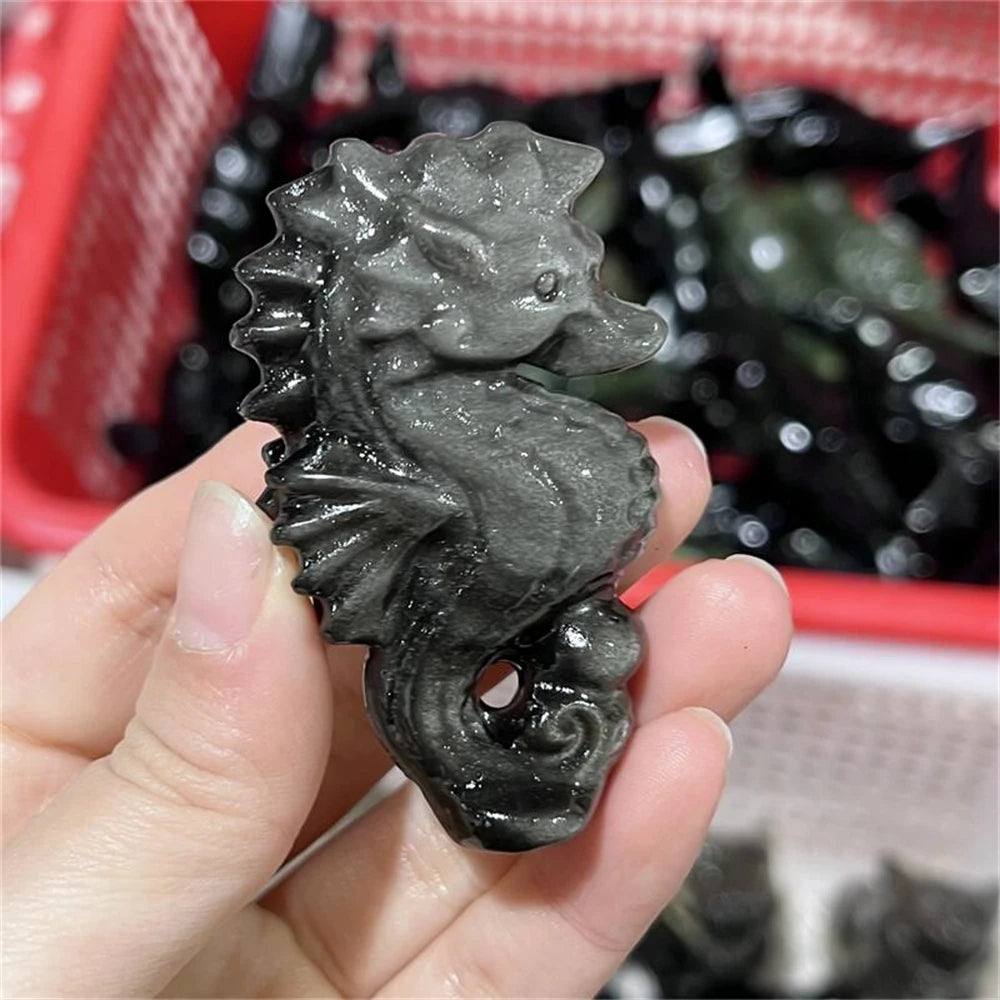 1PCS Natural Silver Obsidian Seahorse Carving Statue Healing Fengshui Sculpture for Home Decoration Unique Holiday Gift