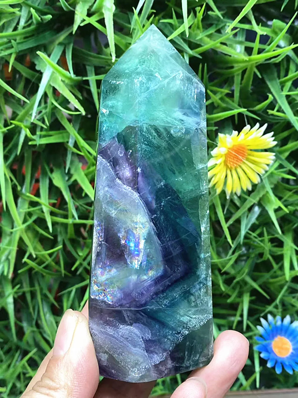 Natural Fluorite Crystal Wand — Polished Quartz Point, Multi-Color Healing Wand