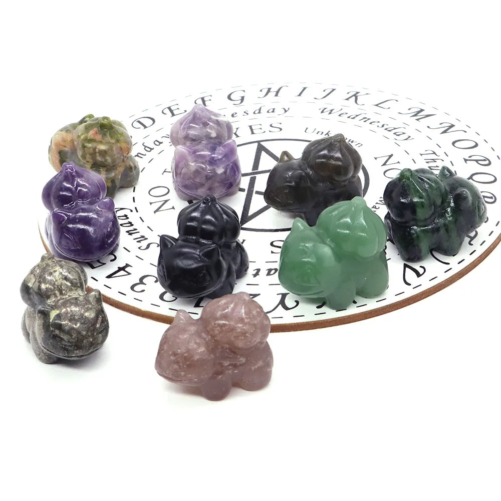 1.2" Natural Crystal Stone Squirtle Bikachu Statue Fantast Baby Cartoon Gemstone Carved Healing Home Room Decor Holiday Gift