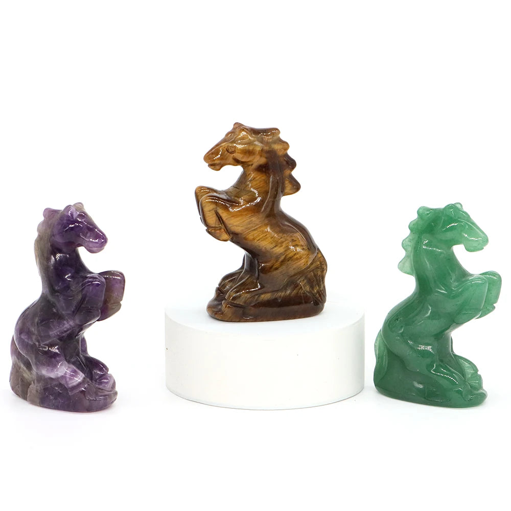 49mm Horse Statue Natural Reiki Healing Stones Amethyst Rose Quartz Carved Crystal Feng Shui Figurine Halloween Home Decor Gifts