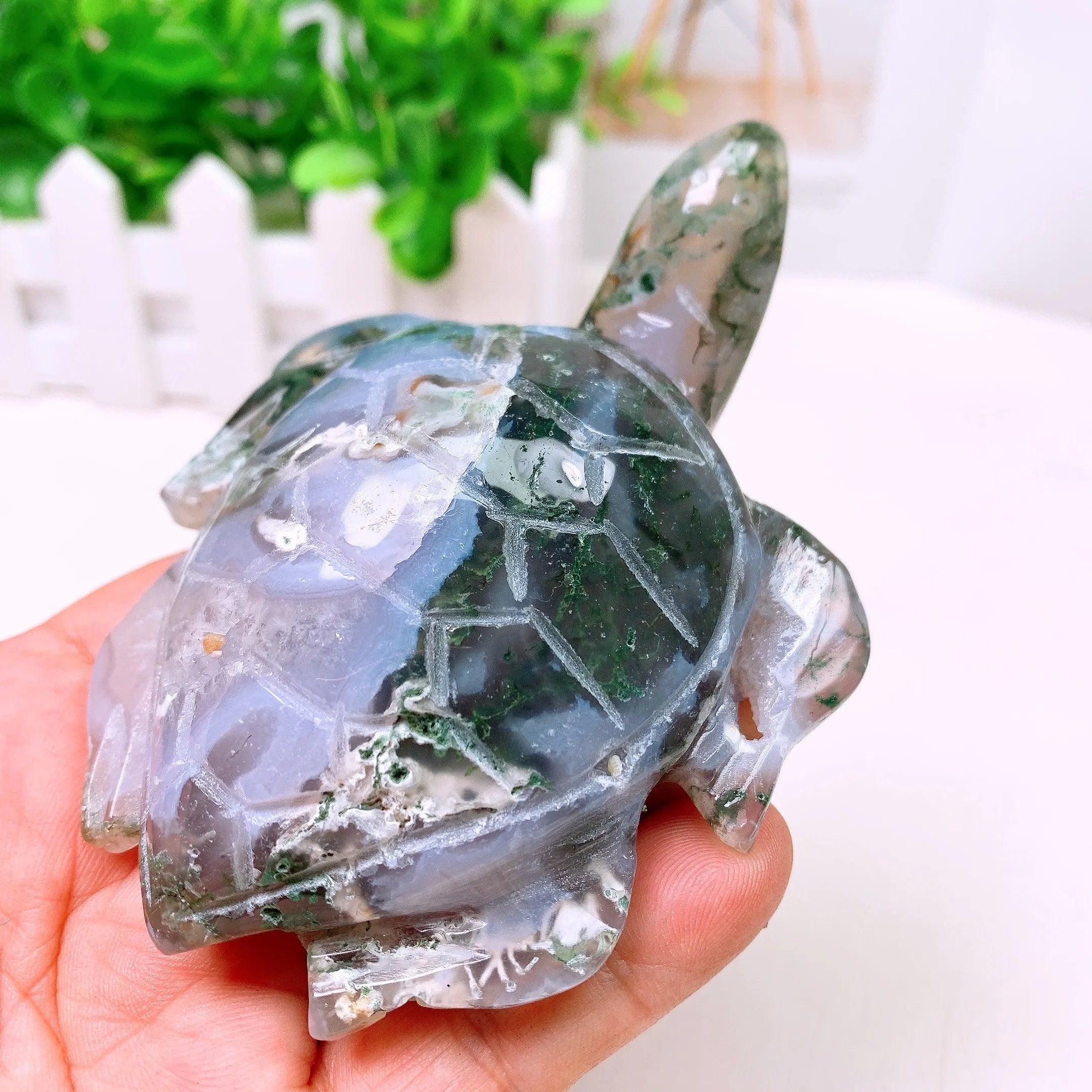 Natural Moss Agate Handmade Carved Sea turtle Polished Animal Powerful Statue For Home Decoration Gift 1PCS