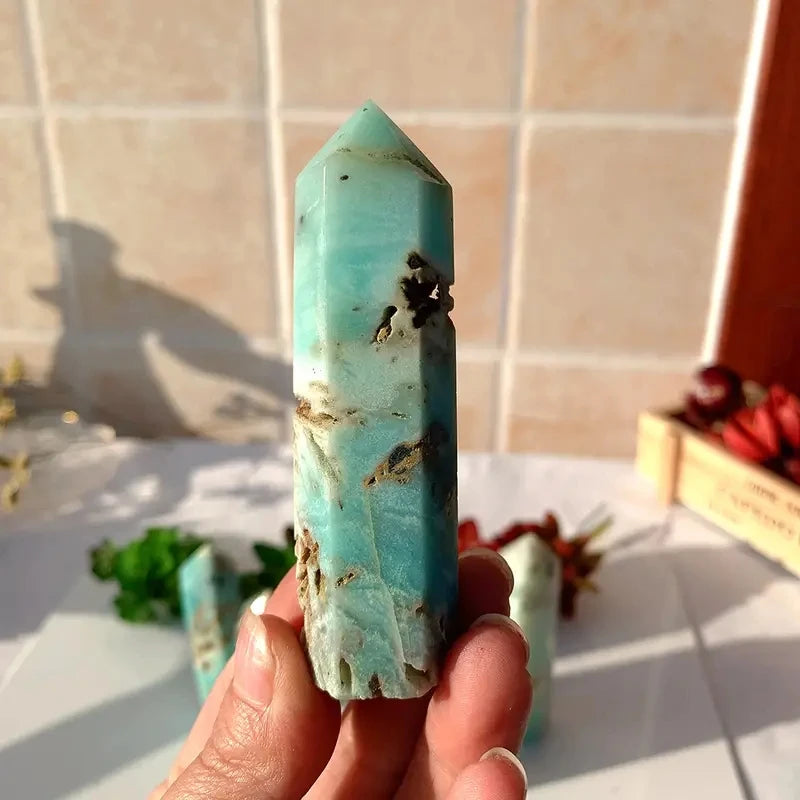 Natural Blue Amazonite Quartz Tower Crystals Point Sky Blue Crystals Wand Crystal Healing Stone