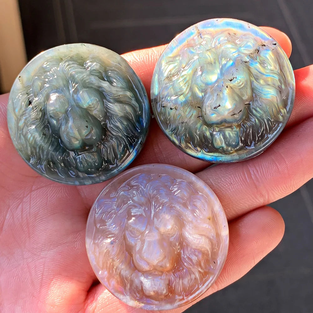 1pc Handmade Labradorite Round Plaque Lion Statue - Iridescent Play-of-Color Circular Stone for DIY Crafts - Unique Gift for Chr