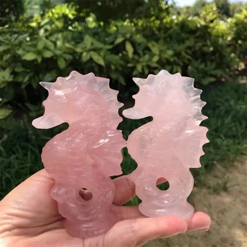 11cm Natural Rose Quartz Seahorse Carving Healing Fengshui Animal Powerful Statue For Home Decoration Halloween Gift 1pcs