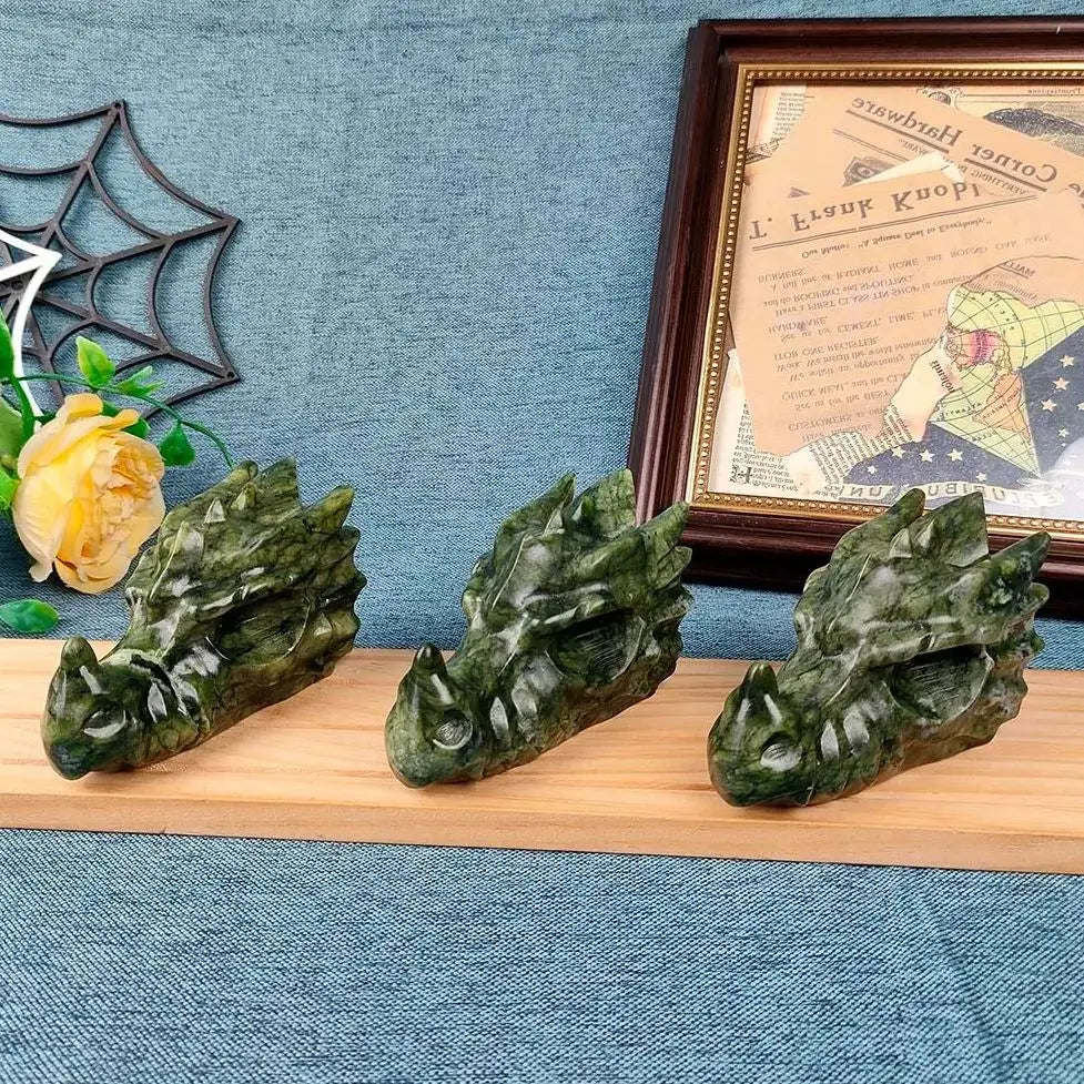 Natural Green Jade Skulls Crystal Dragon Skull Head Sculpture Reiki Stone Ornament For Collection Home Decor Gifts 1pc