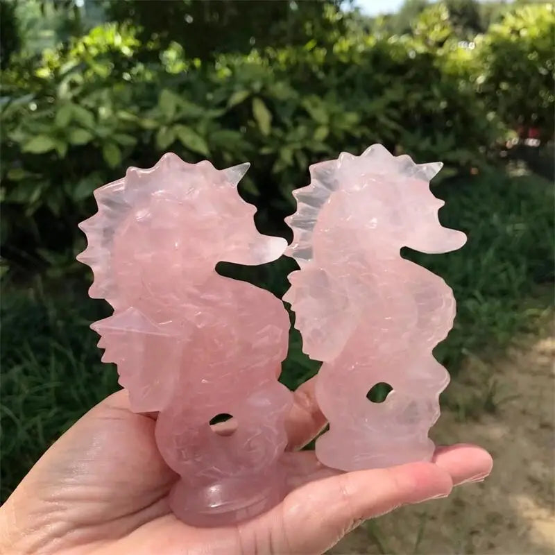 11cm Natural Rose Quartz Seahorse Carving Healing Fengshui Animal Powerful Statue For Home Decoration Halloween Gift 1pcs