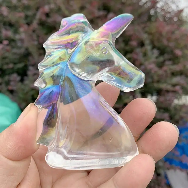 7CM Natural Aura Quartz Unicorn Carving Statue Reiki Figurine Gemstone Animals Chakra Healing Product Gift 1pcs