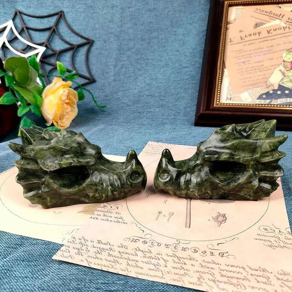 Natural Green Jade Skulls Crystal Dragon Skull Head Sculpture Reiki Stone Ornament For Collection Home Decor Gifts 1pc