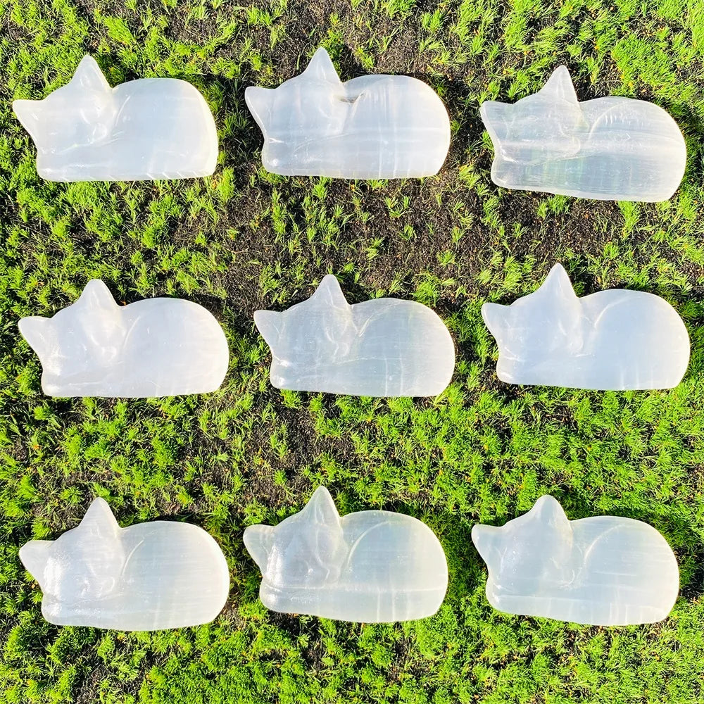 1pc Selenite Sleeping Cat Carving - Serene Crystal Animal Figurine with Polished Surface, Perfect for Home Decor, Weddings, Birt