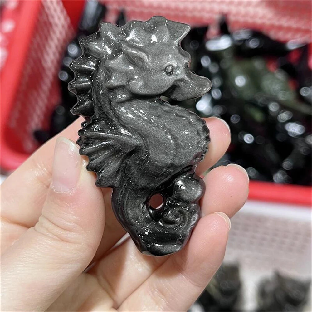 1PCS Natural Silver Obsidian Seahorse Carving Statue Healing Fengshui Sculpture for Home Decoration Unique Holiday Gift