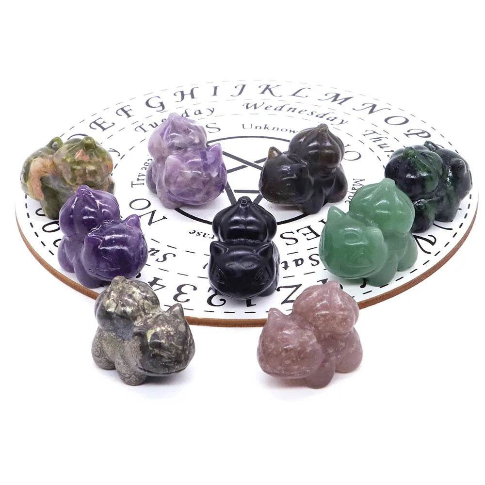 1.2" Natural Crystal Stone Squirtle Bikachu Statue Fantast Baby Cartoon Gemstone Carved Healing Home Room Decor Holiday Gift