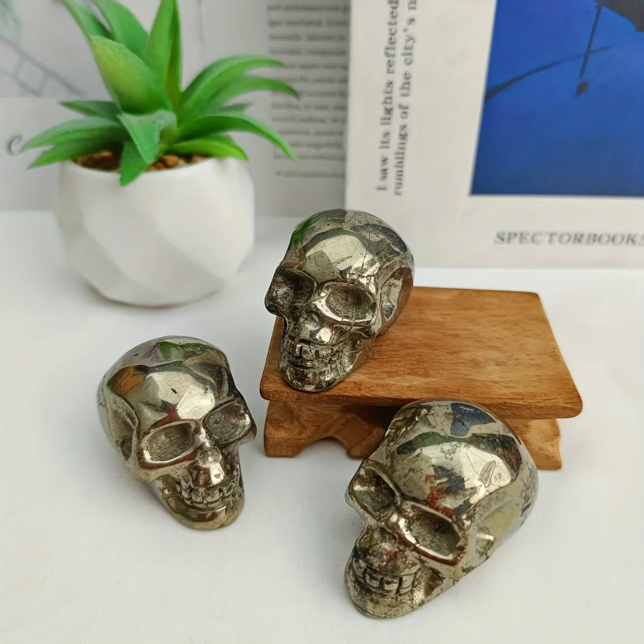 Unique Pyrite Skull Carving, Natural Stone Decor for Home, Office, or Party, Perfect Gift for Birthdays, Birthdays, Halloween