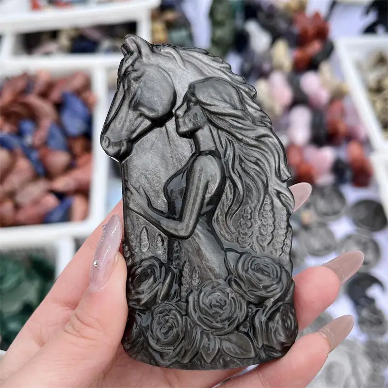Natural Silver Obsidian Horse And Beautiful Woman Statue Carving Healing Fengshui Stone Reiki Home Decoration Holiday Gift 1PCS