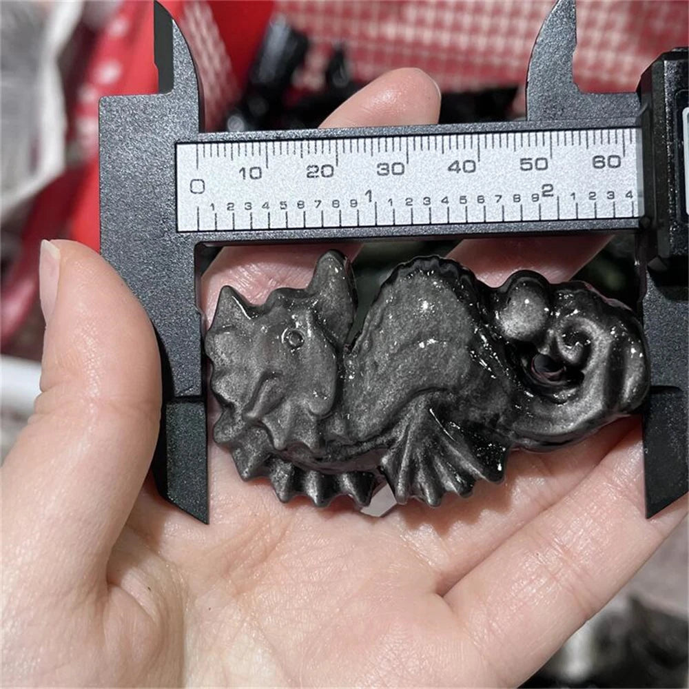 1PCS Natural Silver Obsidian Seahorse Carving Statue Healing Fengshui Sculpture for Home Decoration Unique Holiday Gift