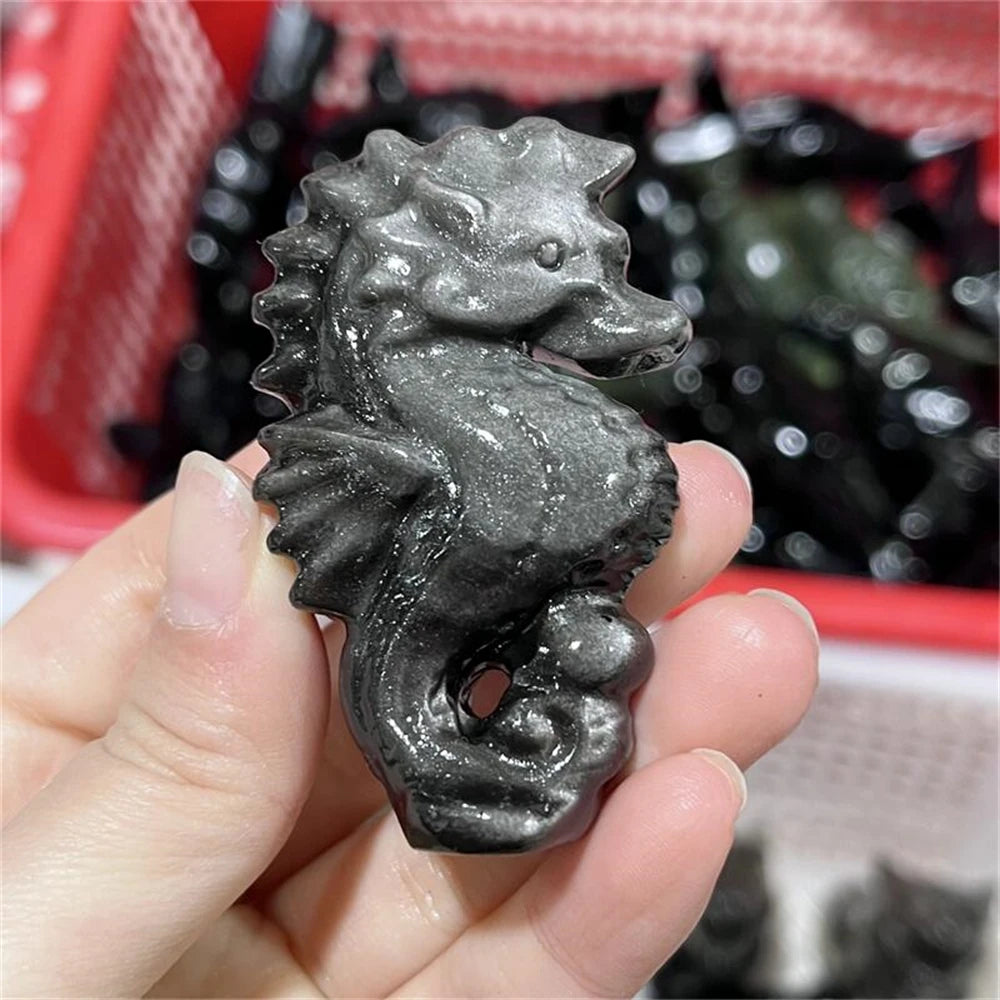 1PCS Natural Silver Obsidian Seahorse Carving Statue Healing Fengshui Sculpture for Home Decoration Unique Holiday Gift