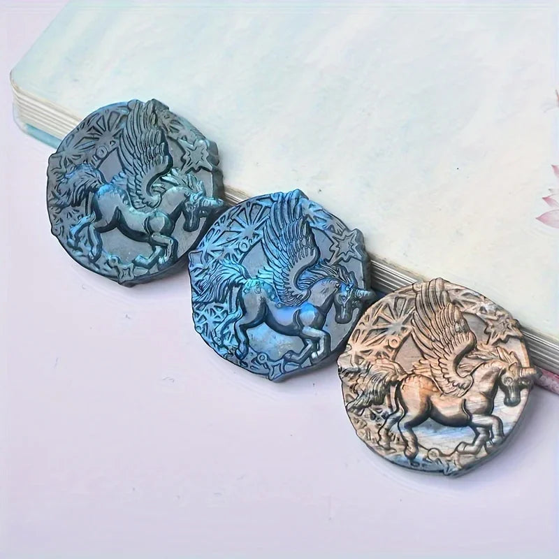 1pc Boho Style Pegasus Carving with Natural Amethyst Coin Pendant - Jewelry Accessories and Components