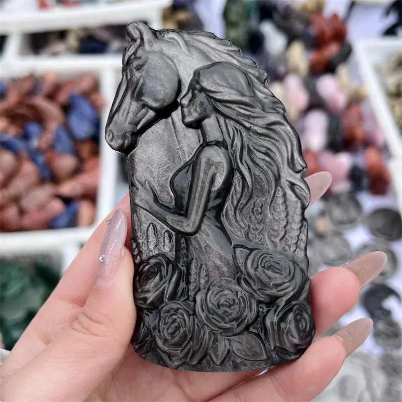 Natural Silver Obsidian Horse And Beautiful Woman Statue Carving Healing Fengshui Stone Reiki Home Decoration Holiday Gift 1PCS