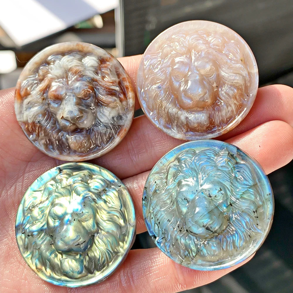 1pc Handmade Labradorite Round Plaque Lion Statue - Iridescent Play-of-Color Circular Stone for DIY Crafts - Unique Gift for Chr