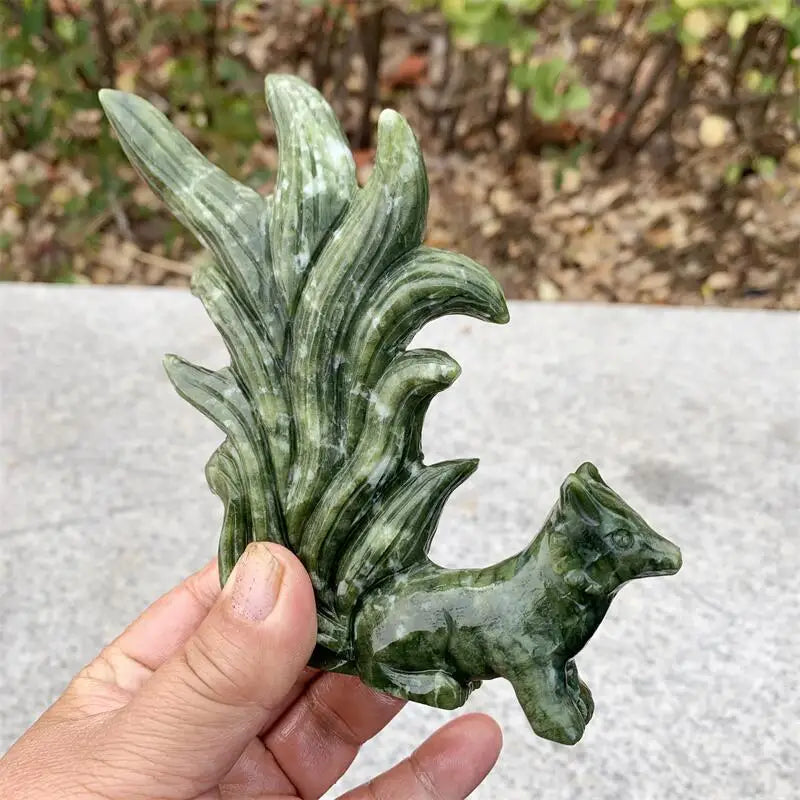 Natural Green Jade Nine-tailed Fox Carving Polished Powerful Animal Statue For Home Decoration Gift 1pcs
