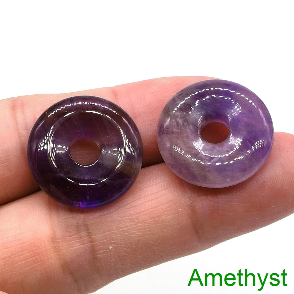 20mm Natural Round Big Hole Hollow Stone Crystal Quartz Aventurine Agate Jade Donut Charm Carved for Pendants Diy Making Gift