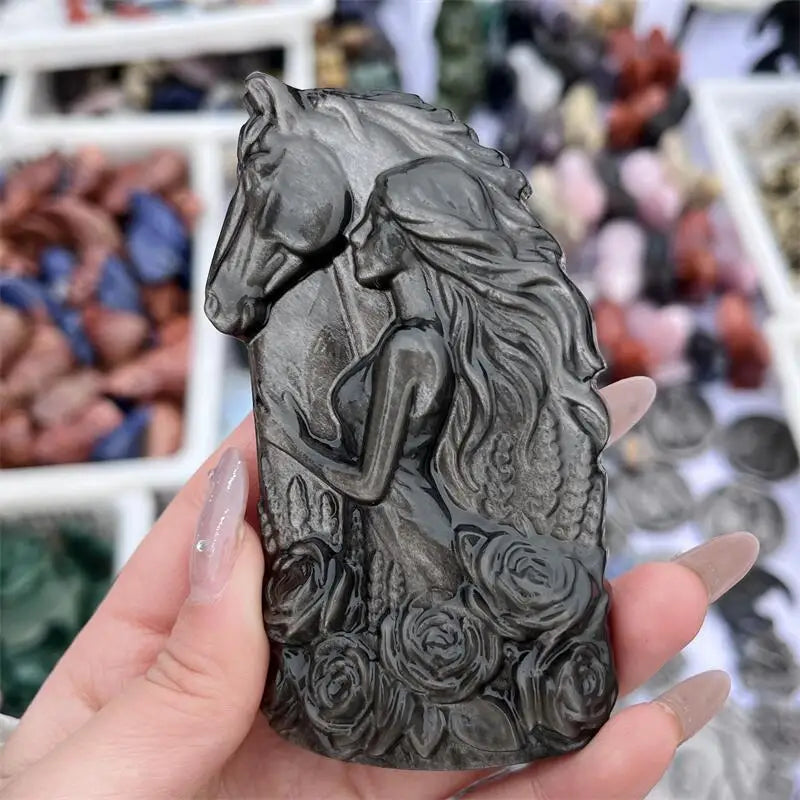 Natural Silver Obsidian Horse And Beautiful Woman Statue Carving Healing Fengshui Stone Reiki Home Decoration Holiday Gift 1PCS
