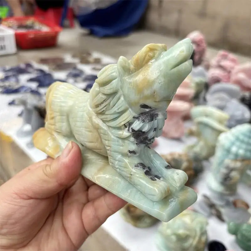 Natural Amazonite Wolf Carving Polished Quartz Animal Healing Stones Gems For Home Decorations Gift 1PCS