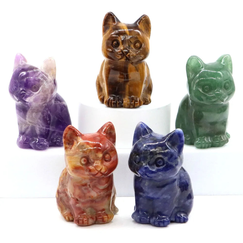1.8" Natural Stone Cat Statue Hand Carved Animal Figurine Healing Crystal Amethyst Crafts Chakra Meditation Home Decoration Gift
