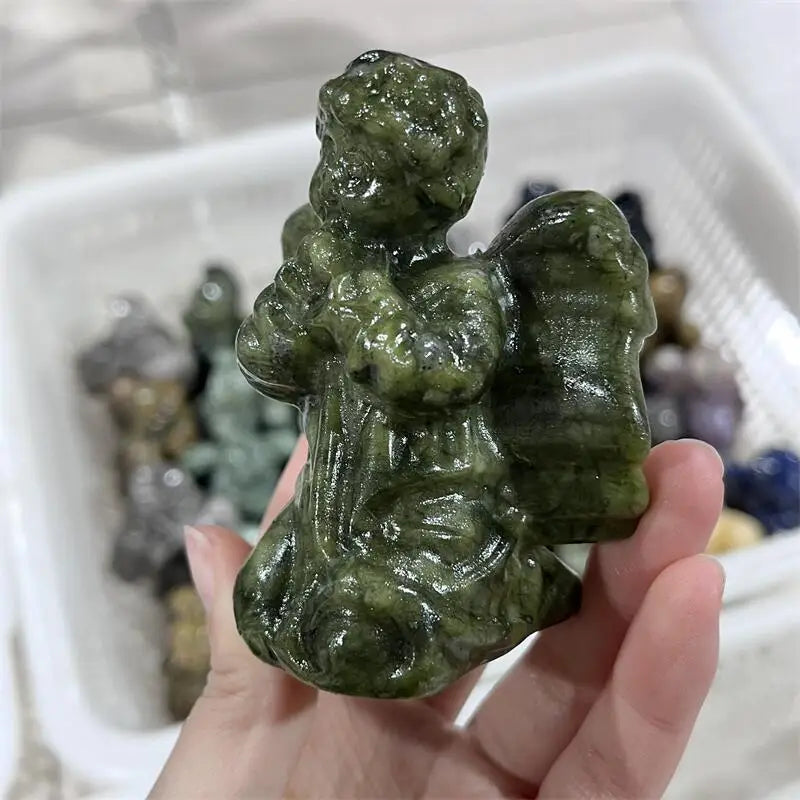 Natural Green jade Ophiolite angel Carving Statue Healing Fengshui Sculpture For Decoration Holiday Gift 1pcs