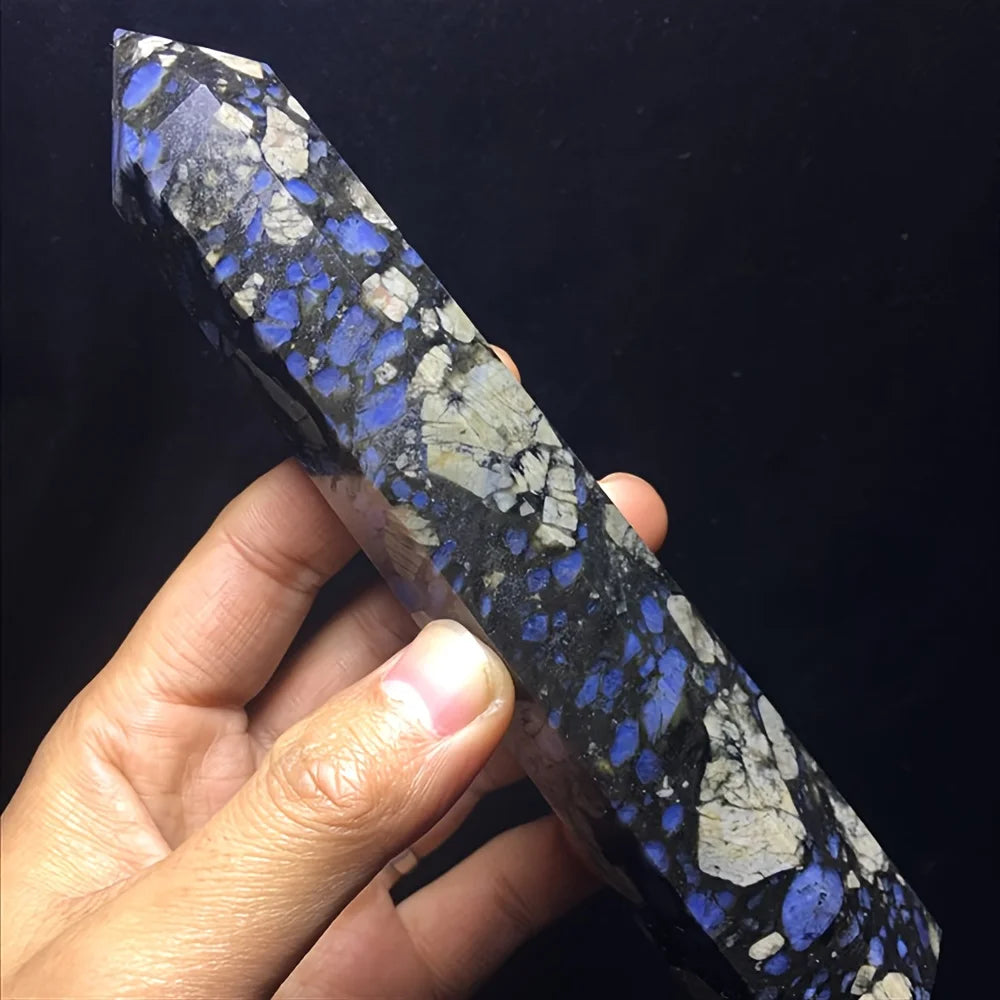 1pc Stunning Blue Larvikite Crystal Tower - Flashy, Polished Gemstone Obelisk with Intricate Patterns