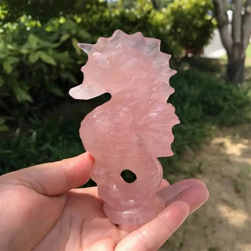11cm Natural Rose Quartz Seahorse Carving Healing Fengshui Animal Powerful Statue For Home Decoration Halloween Gift 1pcs