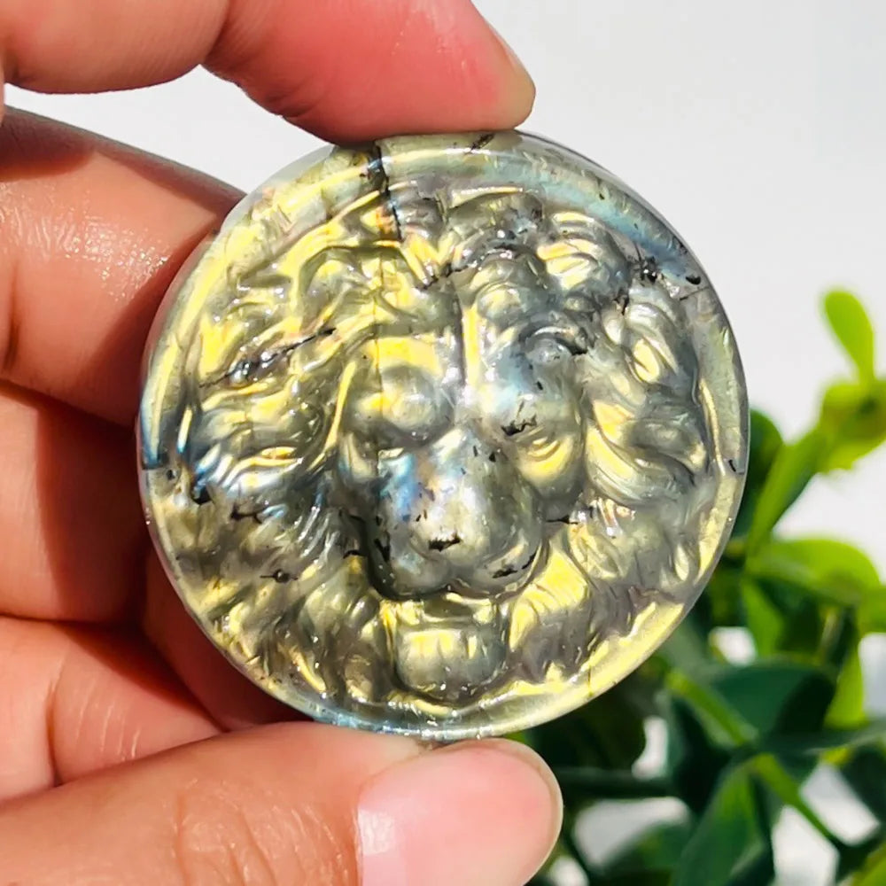 1pc Handmade Labradorite Round Plaque Lion Statue - Iridescent Play-of-Color Circular Stone for DIY Crafts - Unique Gift for Chr