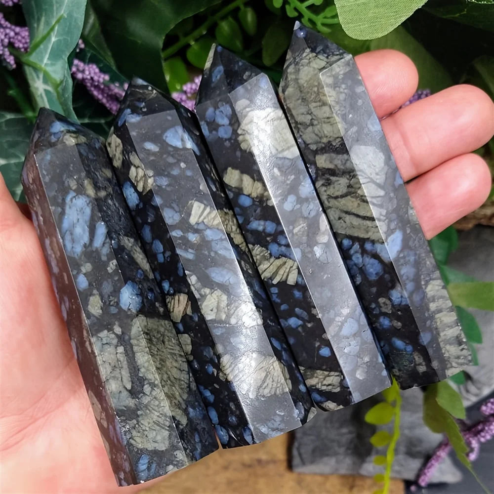 1pc Stunning Blue Larvikite Crystal Tower - Flashy, Polished Gemstone Obelisk with Intricate Patterns