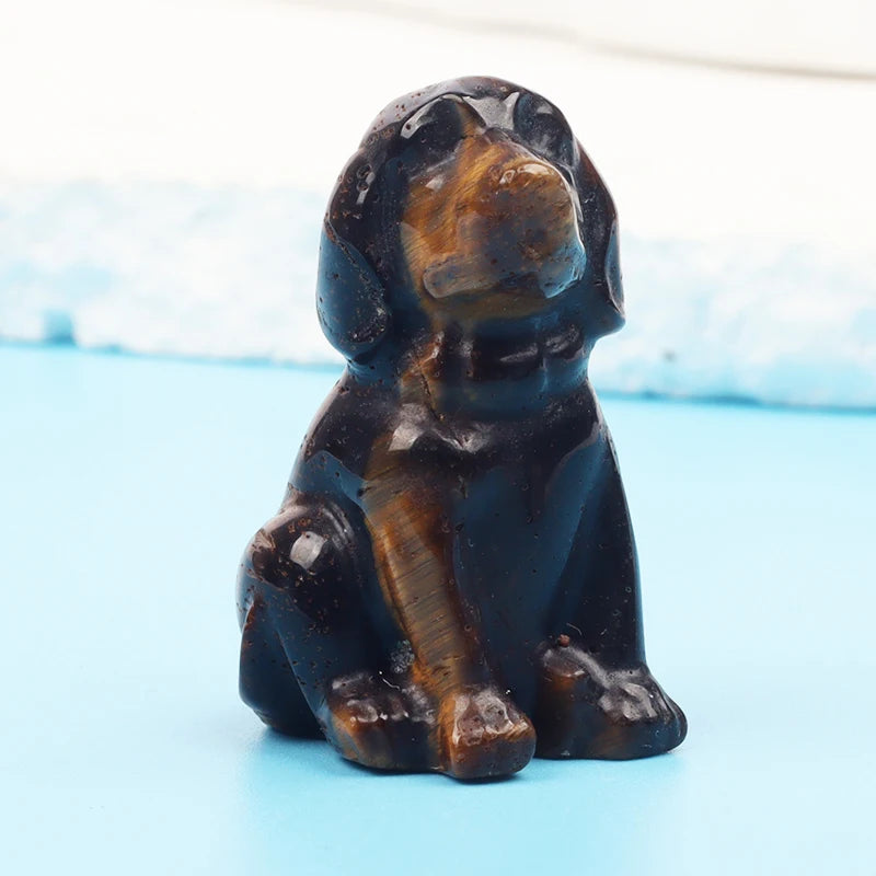 Tiger Eye Dog Figurine, Natural Stone, Hand Carved Obsidian Mini Puppy, Crystal Craft, Chakra, Home Decor, 1.5"