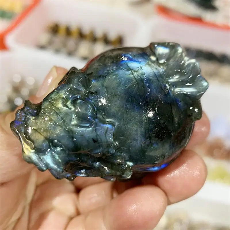 Natural Labradorite Pixiu Carving Memnon Megalith Powerful Statue For Home Room Decoration Gift 1PCS