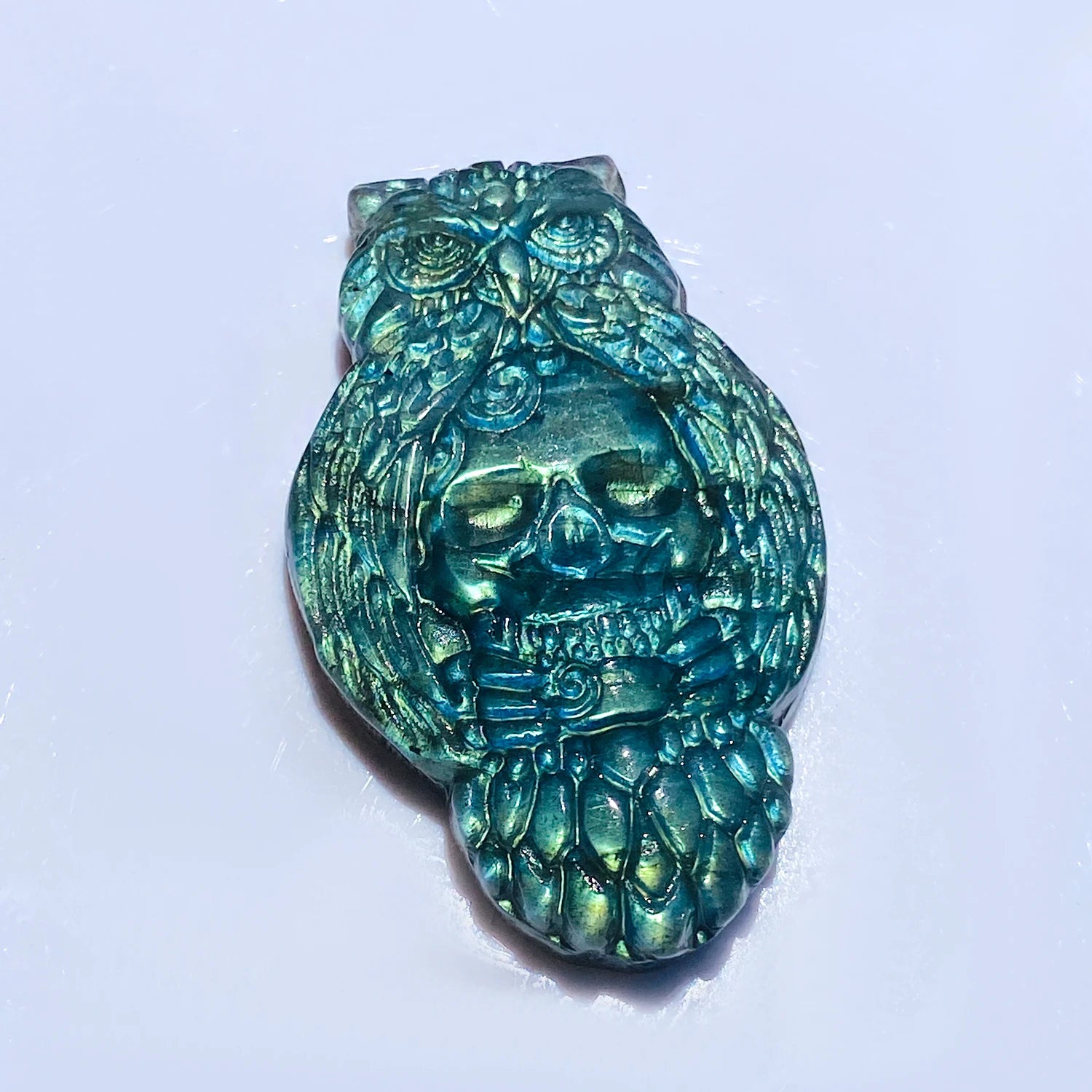 1pc Natural Crystal Labradorite Owl Skull Carving - Polished & Handcrafted, Blue & Golden Iridescent Finish, Unique Home Desktop