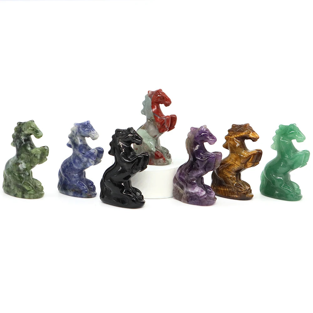 49mm Horse Statue Natural Reiki Healing Stones Amethyst Rose Quartz Carved Crystal Feng Shui Figurine Halloween Home Decor Gifts