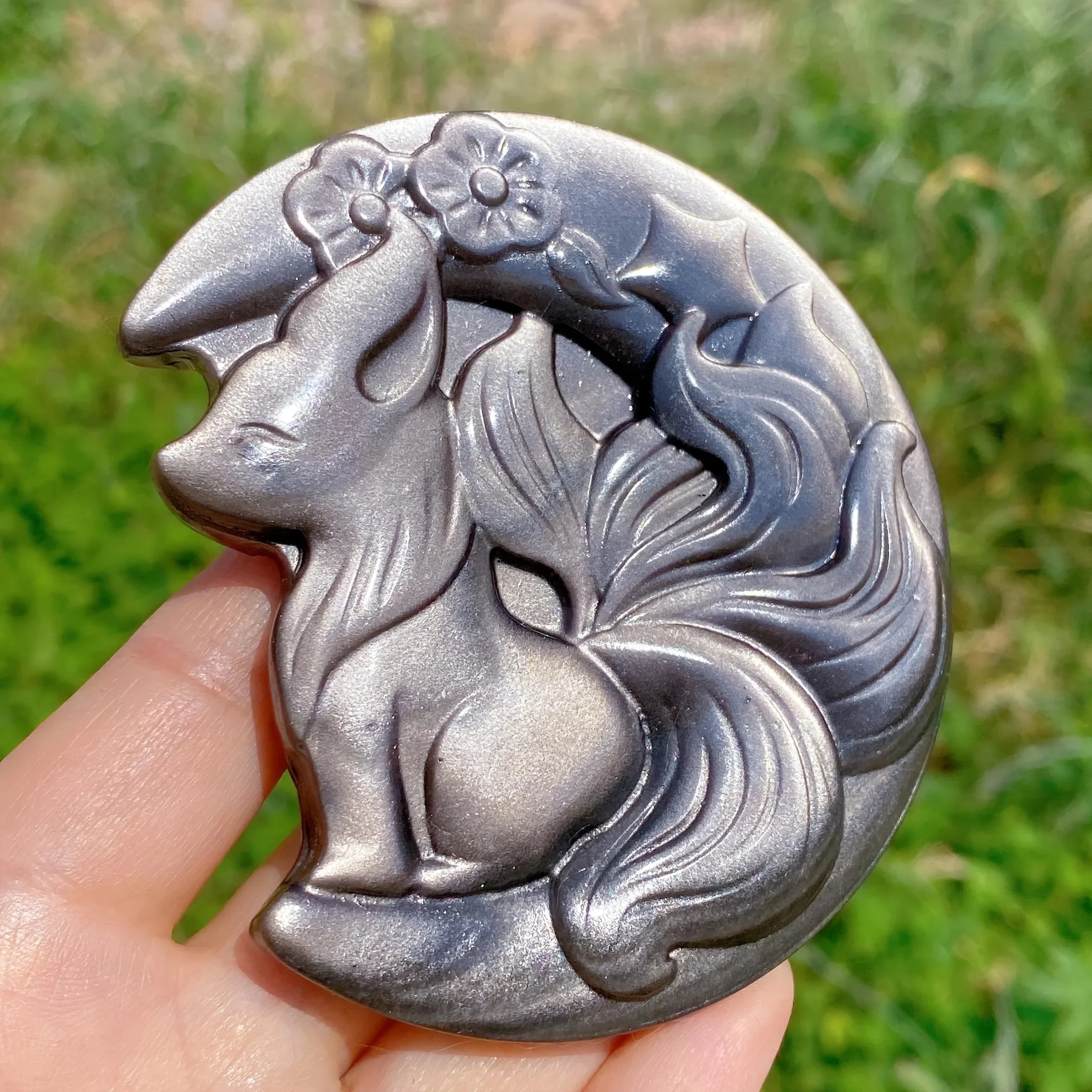 A nine-tailed fox carving - a small natural stone sculpture, Valentine's Day gift for her, moon fox crystal gift.