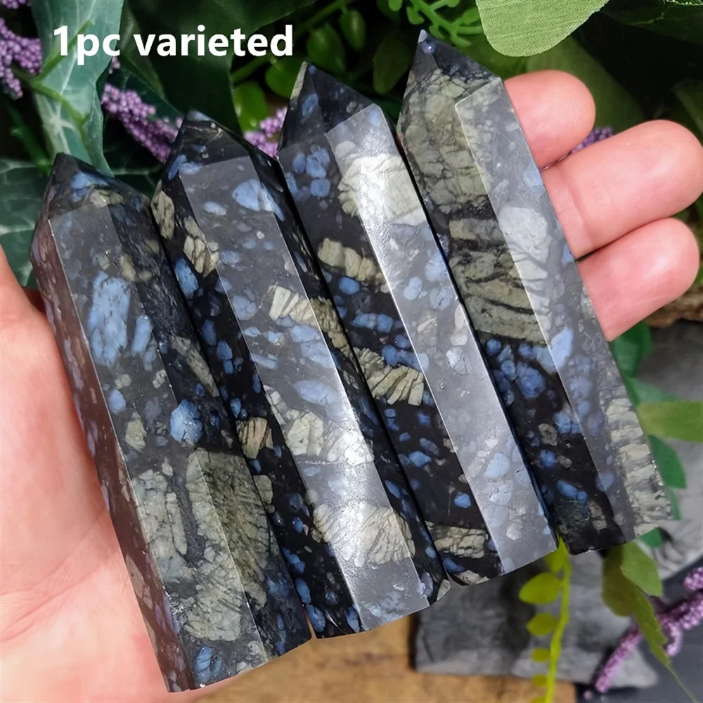 1pc Stunning Blue Larvikite Crystal Tower - Flashy, Polished Gemstone Obelisk with Intricate Patterns