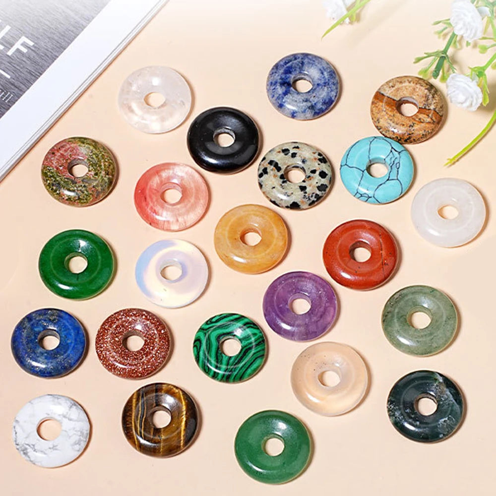 20mm Natural Round Big Hole Hollow Stone Crystal Quartz Aventurine Agate Jade Donut Charm Carved for Pendants Diy Making Gift