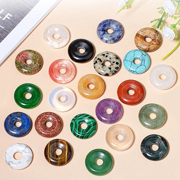 20mm Natural Round Big Hole Hollow Stone Crystal Quartz Aventurine Agate Jade Donut Charm Carved for Pendants Diy Making Gift